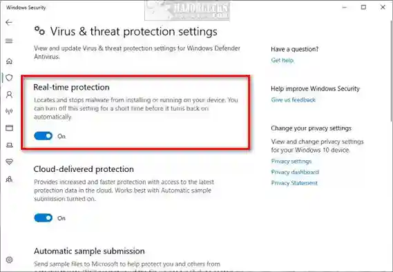 Real Time Protection setting off

